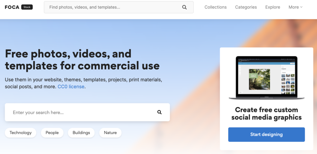 Screenshot of the homepage of FOCA Stock, a website where you can find free stock images, photos, videos, and templates
