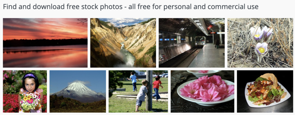 Screenshot of a few stock photo selections from the Free Images website, one of the places where you can get free stock images, photos, illustrations and more