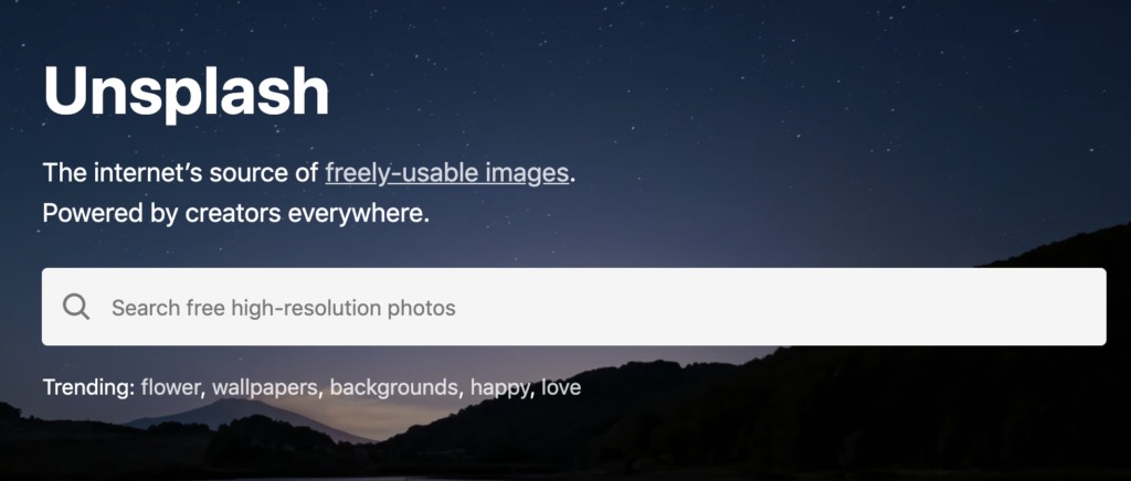 Screenshot of a search bar on the Unsplash website, one of the places where you can get free stock images, photos, illustrations and more