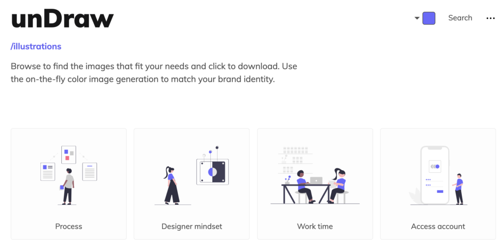Screenshot of a page on the unDraw website, one of the places where you can get free stock images, photos, illustrations and more
