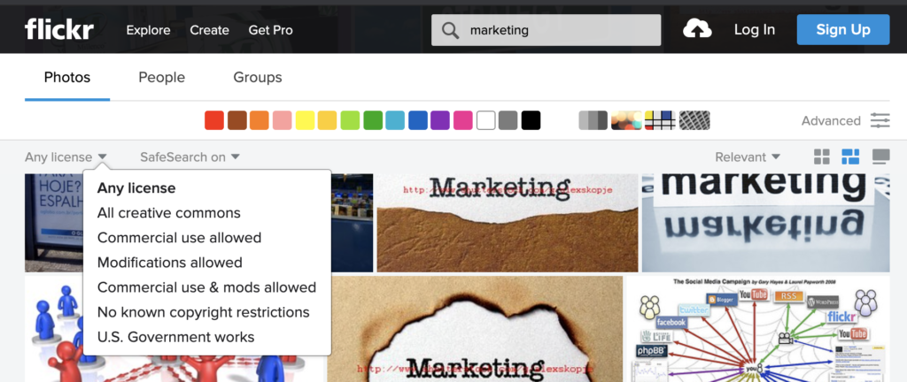 Screenshot of a search screen from Flickr, one of the places where you can get free stock images, photos, illustrations and more