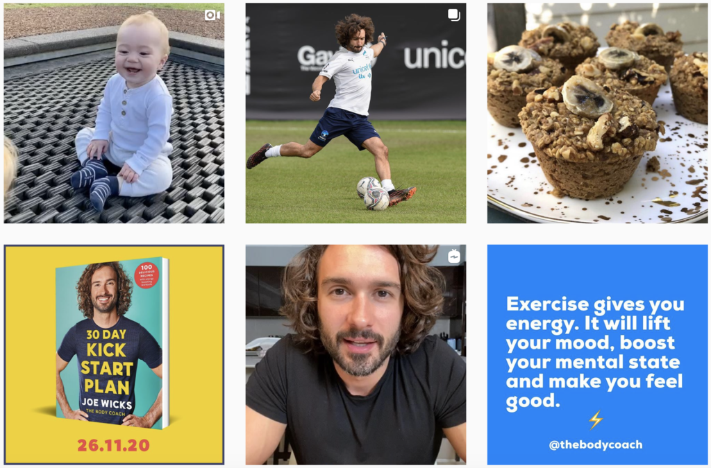 Screenshot of several Instagram posts on The Body Coach account, a brand marketing case study in using Instagram and social media for success