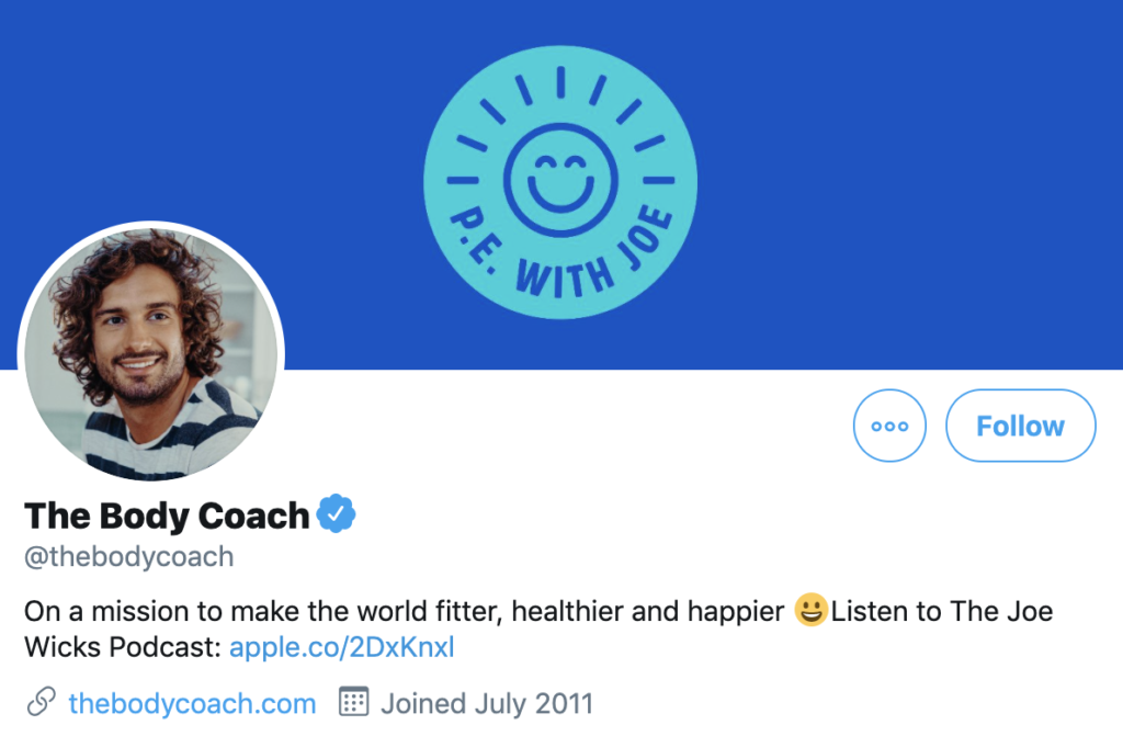 Screenshot of The Body Coach's Twitter account, a brand marketing case study for social media success