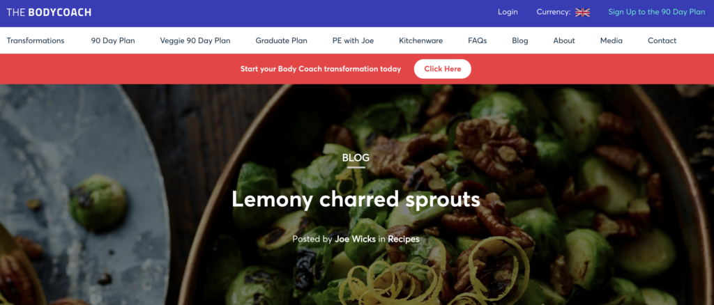 Screenshot of The Body Coach website blog - a recipe for lemony charred sprouts - a brand marketing case study for success