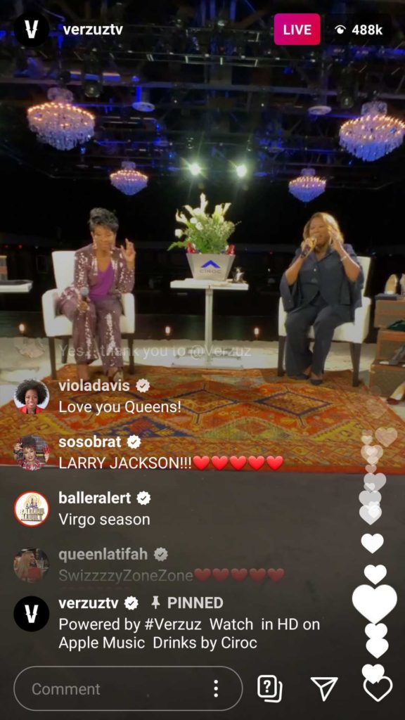 screenshot of Instagram live stream of a Verzuz live battles between Gladys Knight and Patti LaBelle