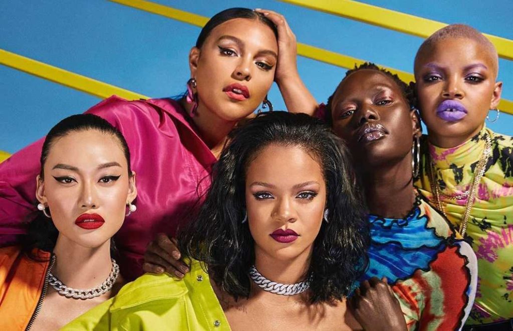 Inclusive Marketing and Brand Authenticity Lessons from Rihanna; promotional image of Rihanna and 4 other models, women of color, for Fenty Beauty ad marketing campaign