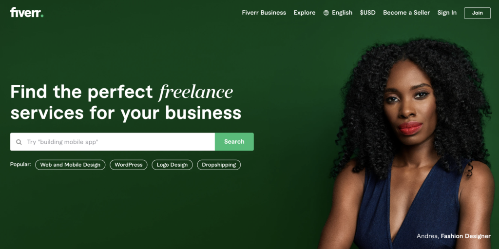 screenshot of fiverr home page with. headline "find the perfect freelance services. for your business" and a black woman's face next to that headline, depicting the way fiverr has successfully used niche marketing focus to drive growth