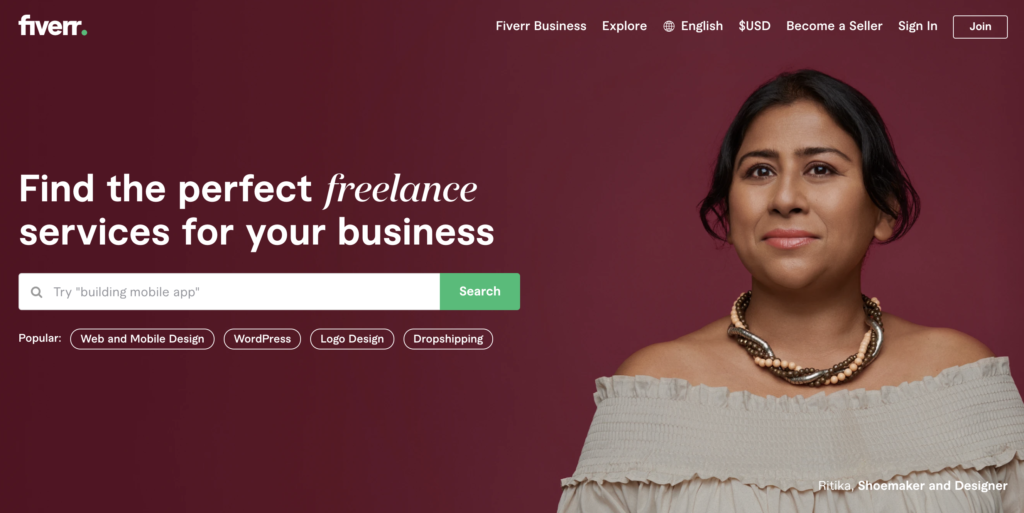 screenshot of fiverr home page with. headline "find the perfect freelance services. for your business" and a woman's face next to that headline, showing how niche marketing strategy fueled fiverr growth