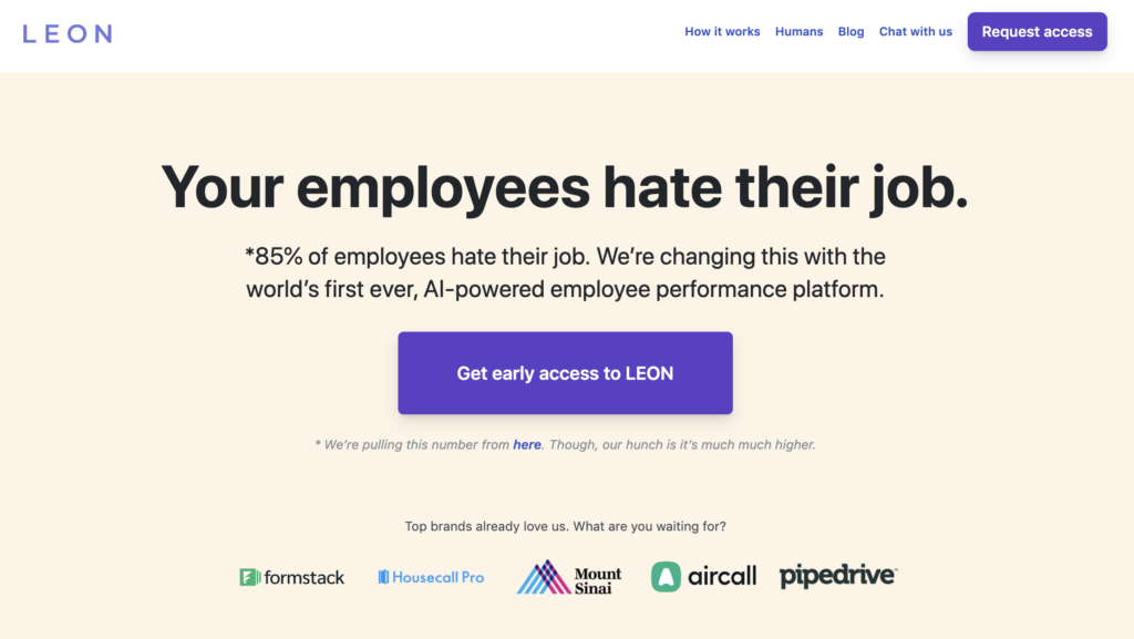 Screenshot of home page of MyLeon.co with the headline "Your employees hate their job," part of their pre launch marketing campaign post COVID-19