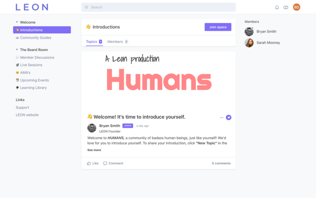 Screenshot of the LEON Humans community home page
