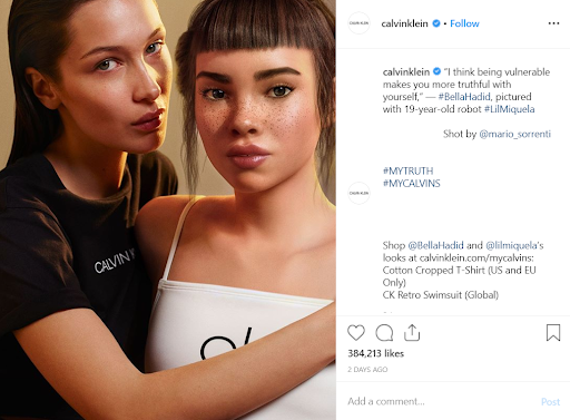 Screenshot of Instagram post featuring model Bella Hadid and virtual influencer Lil Miquela
