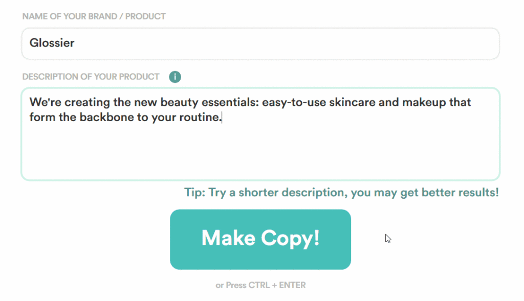 screen clip of copy.ai copywriting AI solution. the user is entering the name of their brand/product and a short description to give the AI enough information to generate text