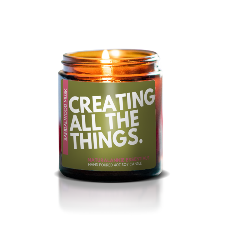 Soy candle that says creating all the things - perfect gift for content creators, marketers and copywriters working from home to brighten the office