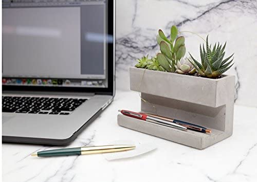 concrete desktop planter with succulents in it on a desk next to a laptop with pens resting on it - a perfect addition to a gift guide for marketers and copywriters, or any business professional