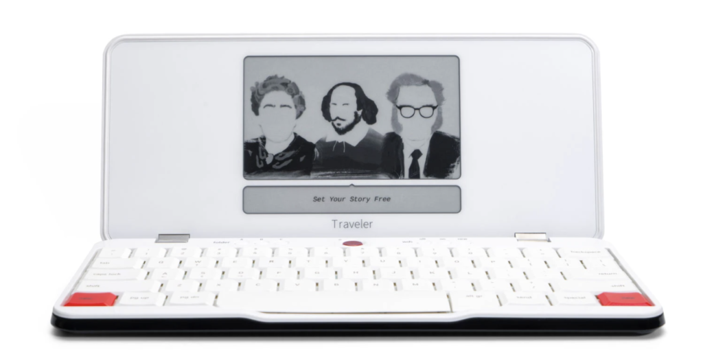 freewrite traveler device that looks like a laptop with a screen that has a smaller height and nothing on it but a greyscale image of shakespeare and 2 other famous writers and a line to write text. perfect gift for writers, content creators, marketers and copywriters who want a distraction-free writing experience