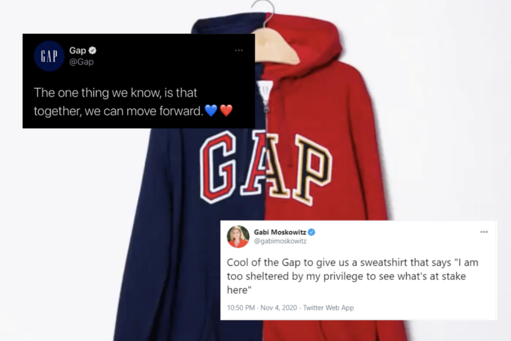 Example of cause marketing that wasn't received well: Gap's political social post with a red and blue sweatshirt tweeted with "The one thing we know, is that together, we can move forward. heart emoji"