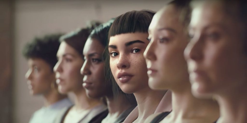 Lil Miquela standing amidst real human women