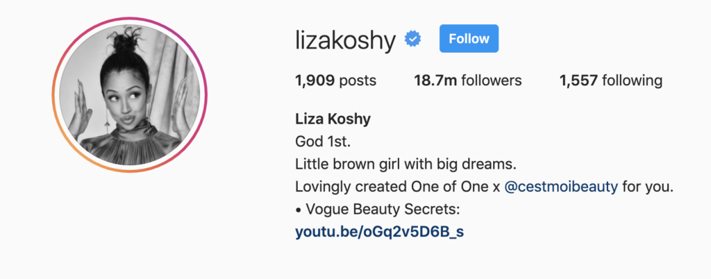 Screenshot of Liza Koshy's Instagram page