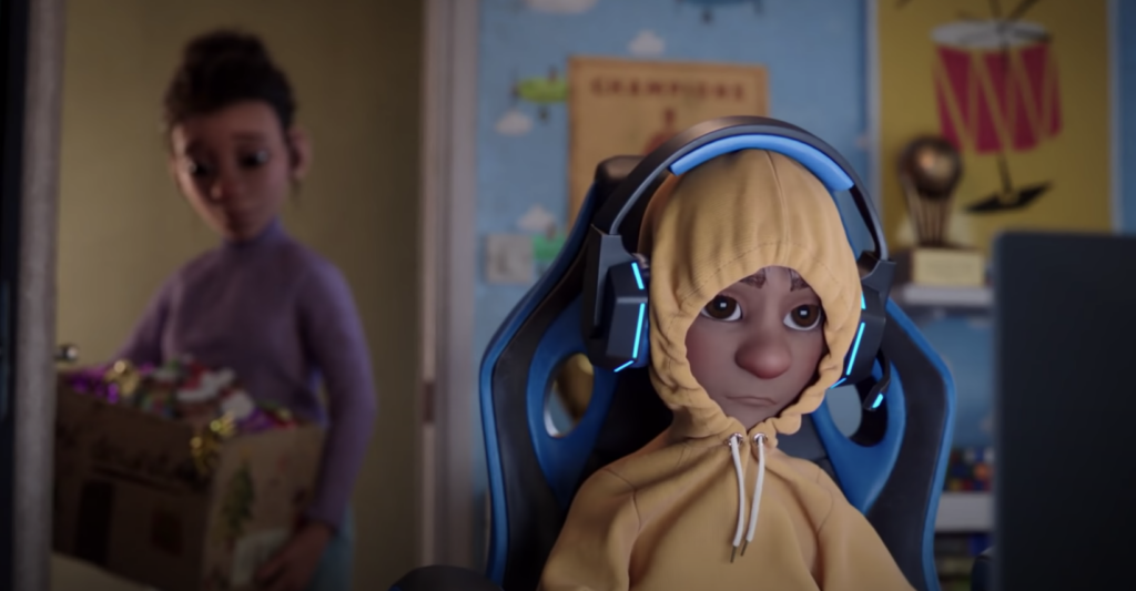 A young boy in a hoodie with a video gaming headset on looking meh as his mom stands in his bedroom door with a disappointed look on her face carrying a box of Christmas decorations; from the McDonalds UK holiday marketing ad