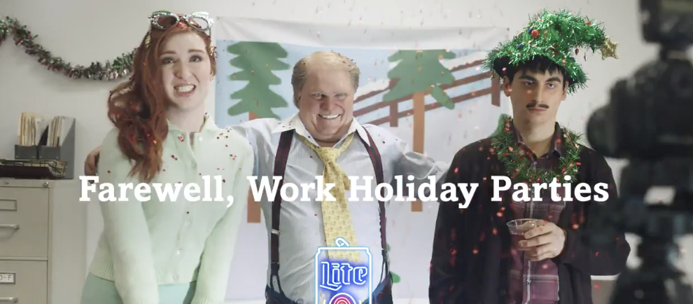3 people smiling awkwardly at a work holiday party with title Farewell, Work Holiday Parties over them written in white text; a still from the Miller-Lite holiday marketing campaigns 2020