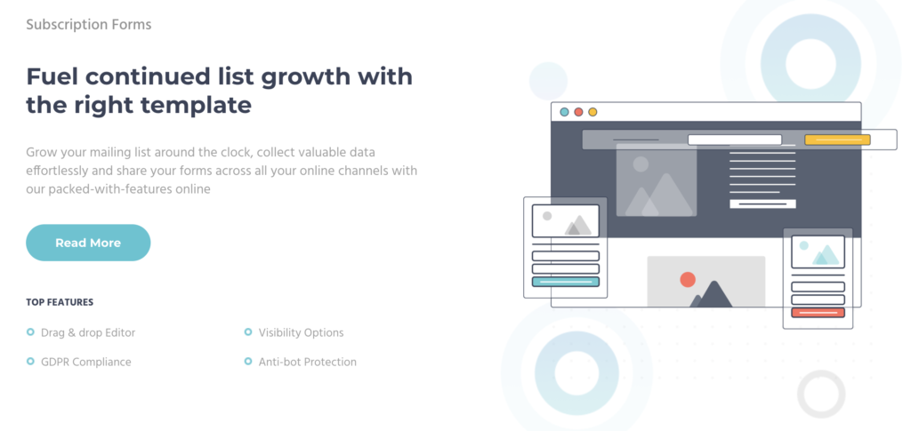 Screenshot of email marketing platform Moosend website. Headline is "Fuel continued list growth with the right template."  