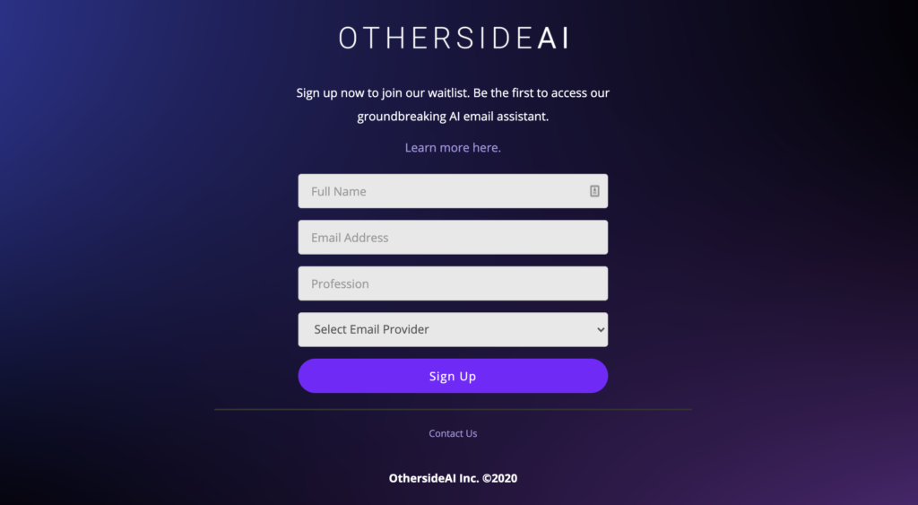 Screenshot of the waitlist signup on a landing page for OthersideAI