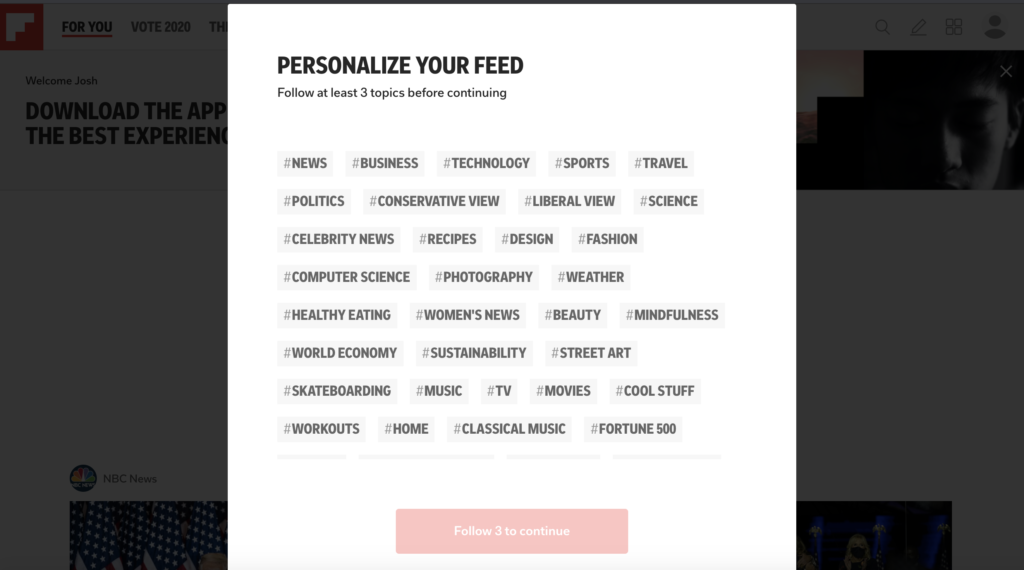 screenshot of a step in the Flipboard onboarding process - a prompt asking you for selections of topics you're interested in to personalize your feed