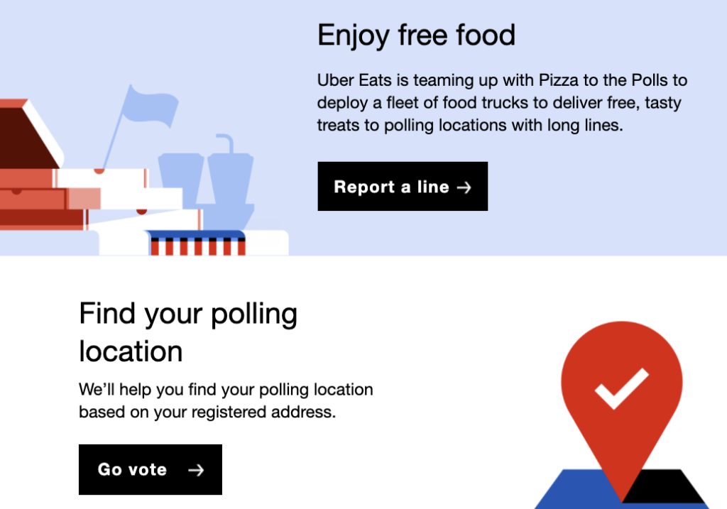 screenshot of Uber email marketing with offering free food at polls and help user's finding polling locations - cause marketing example