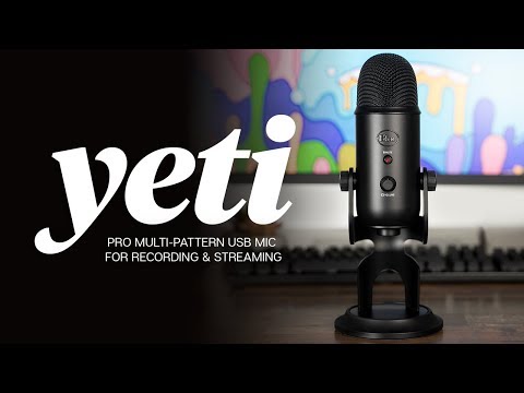 microphone resting on a desk with the words Yeti: Pro multi-pattern USB mic for recording and streaming in front of it