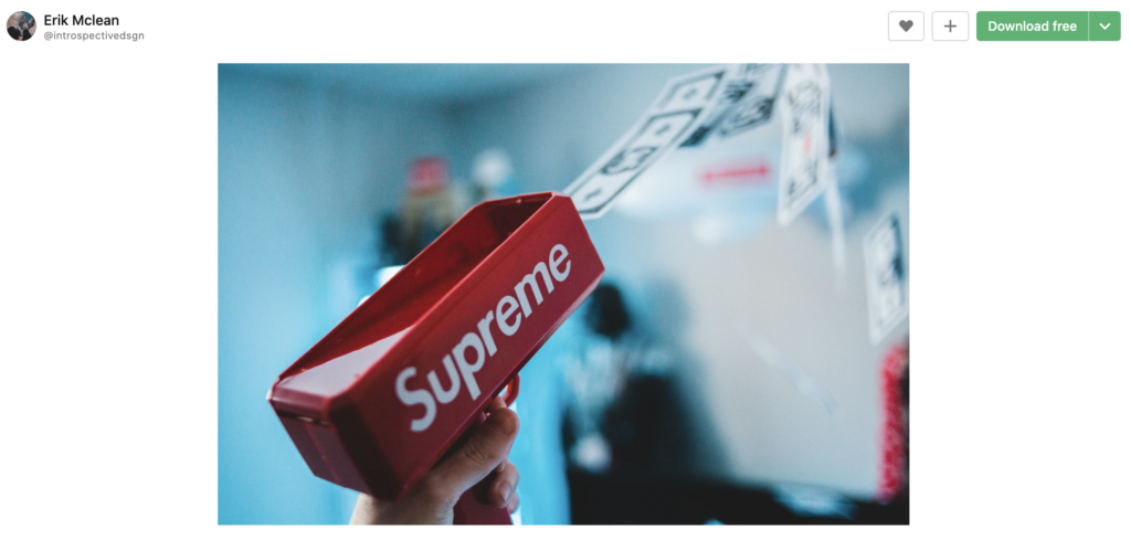 screenshot of user-generated content incorporating the supreme brand posted to unsplash as a stock photo