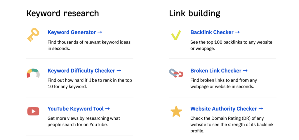 list of a variety of free SEO tools available from Ahrefs as a creative marketing idea and example