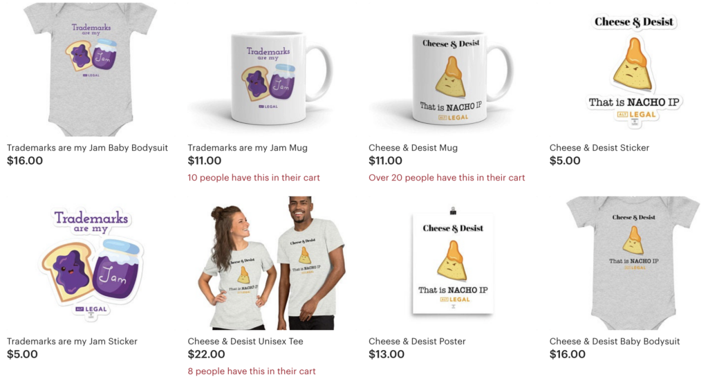 several items for sale, like t-shirts and mugs, in the etsy shop for startup alt legal. they sell branded merchandise with the profit going to charity as a creative marketing example to try