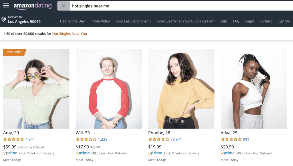 screenshot of the amazon dating website which is a parody of dating apps as a creative marketing idea for a campaign