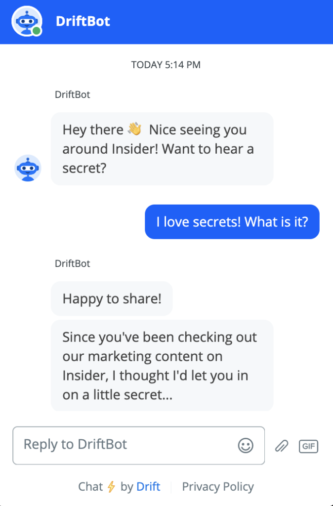 screenshot of conversation with DriftBot chatbot b2b technology featured on the Drift website