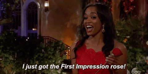 Black woman contestant on the reality tv show The Bachelor saying I just got the first impression rose