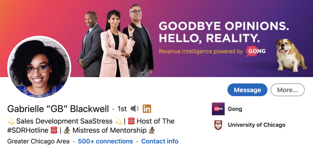 screenshot of LinkedIn profile banner for Gabrielle Blackwell, a sales development rep for Gong. the company has a successful employee advocacy program on linkedin