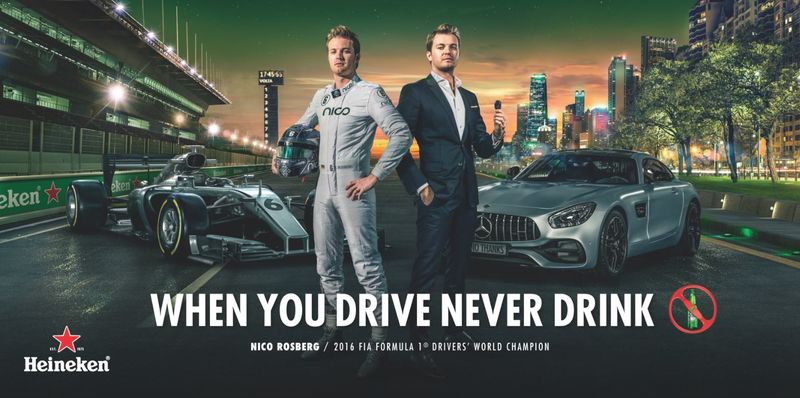 example of ad for heineken millennial marketing strategy with image of an f1 racing figure in front of luxury cars and headline when you drive never drink