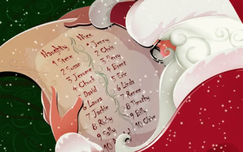 santa clause looking at a naughty and nice list of names with snow falling - santa profiles his audience in the same way that brands should create customer data profiles to improve holiday sales and marketing campaigns with marketing psychology