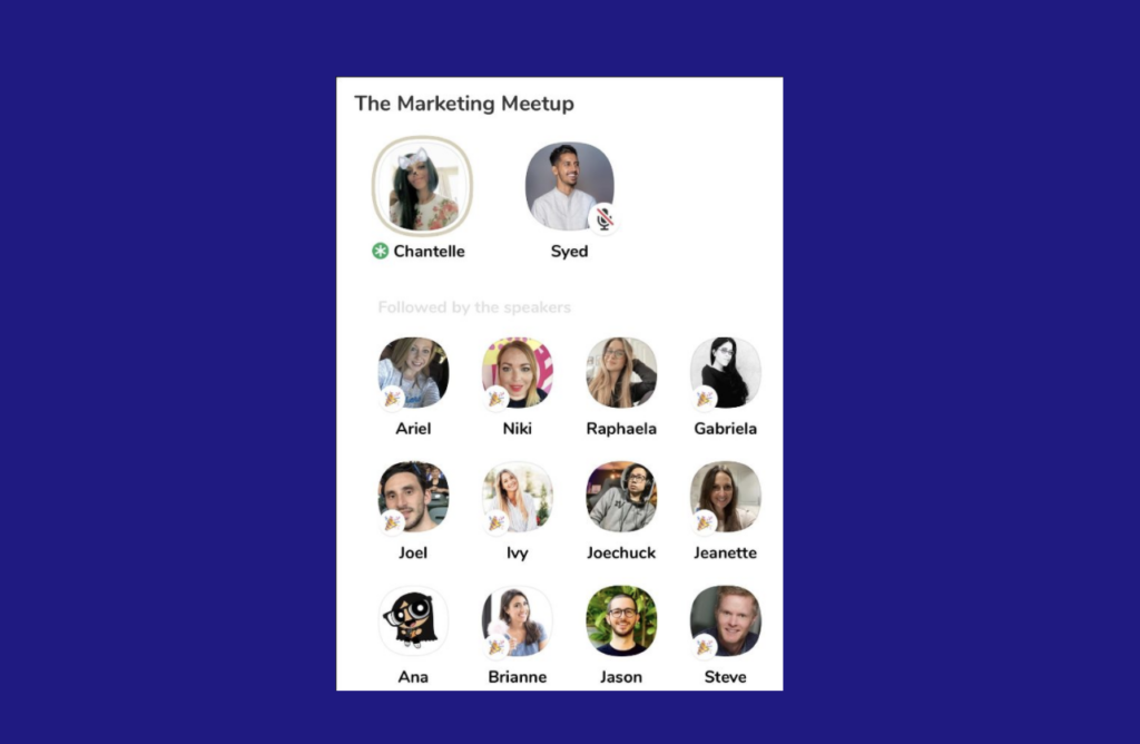 screenshot of clubhouse app screen showing a room called the marketing meetup with various participants. the latest question on everyone's mind is what is the clubhouse social media app and how do you get an invite?