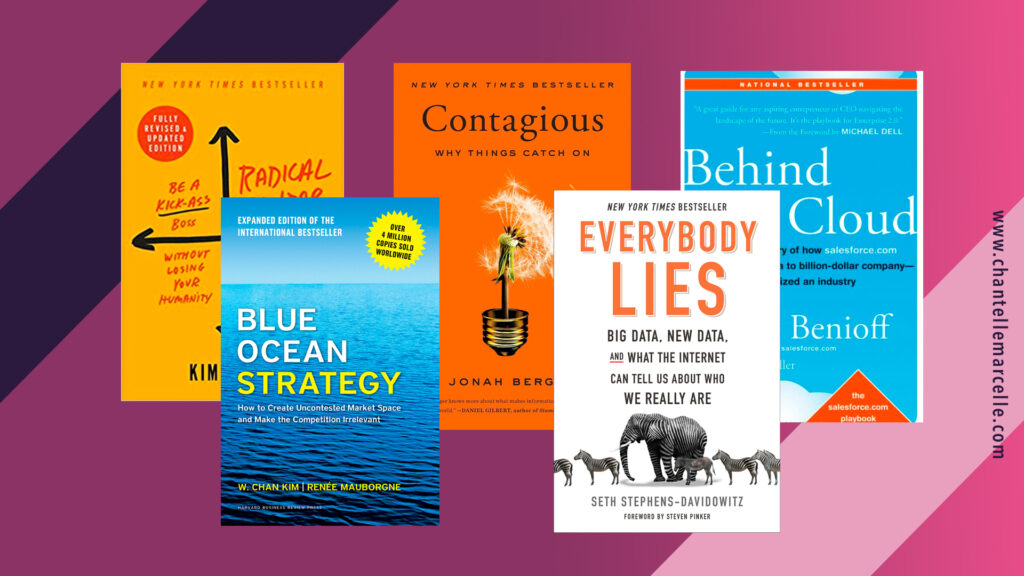 Covers of 5 of the best books about general business: Radical Candor, Blue Ocean Strategy, Contagious, Everybody Lies, Behind the Cloud