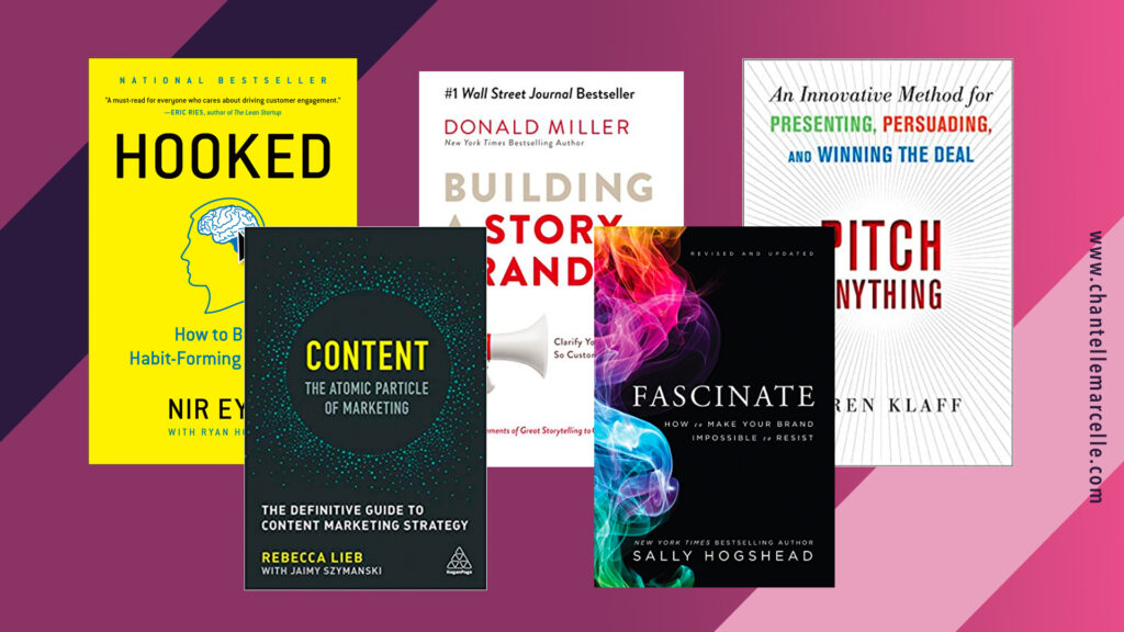 covers of 5 of the best marketing books: hooked, content - the atomic particle of marketing, fascinate, building a story brand, and pitch anything