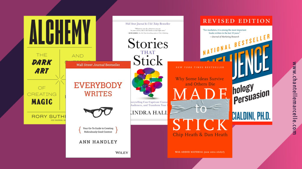 covers of 5 of the best marketing books:influence, everybody writes, stories that stick, made to stick, alchemy