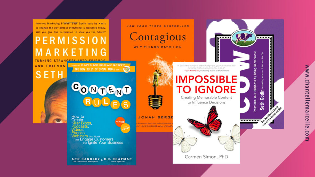 covers of 5 of the best marketing and copywriting books: permission marketing, content rules, contagious, impossible to ignore, and purple cow