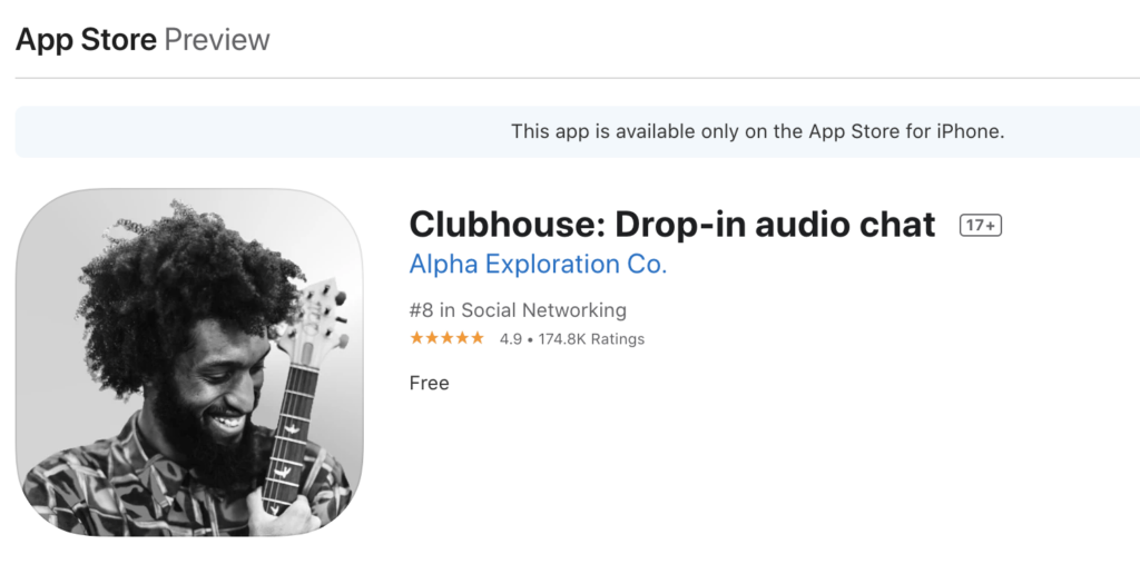 what is clubhouse social media app? this is a screenshot of the apple app store preview to download the clubhouse drop-in audio chat app.