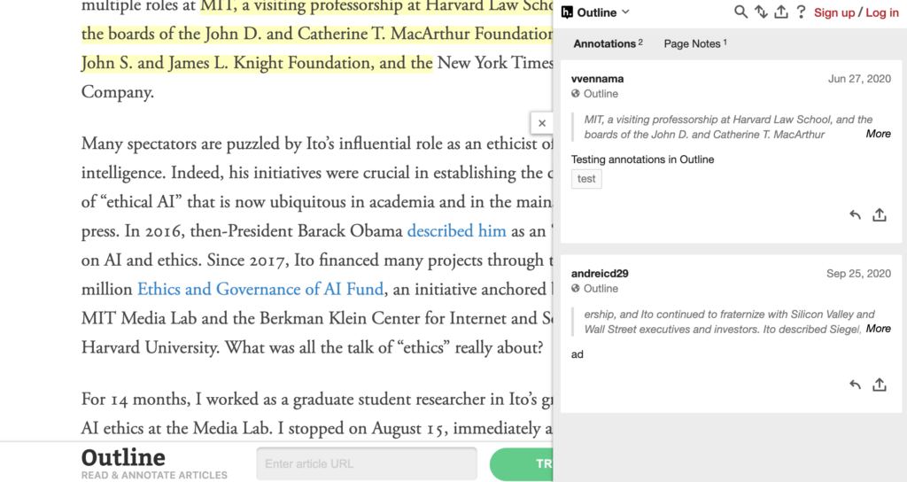 screenshot of the outline, which lets you read online articles without other distractions while taking notes