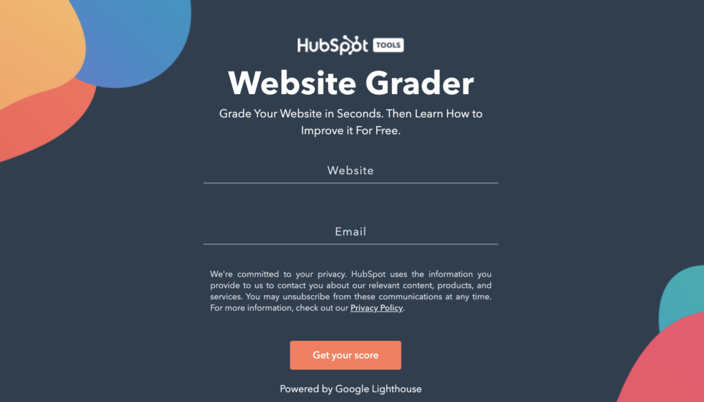 screenshot of the hubspot website grader landing page, a free marketing tool that offers insight into how to improve website performance and optimize digital marketing