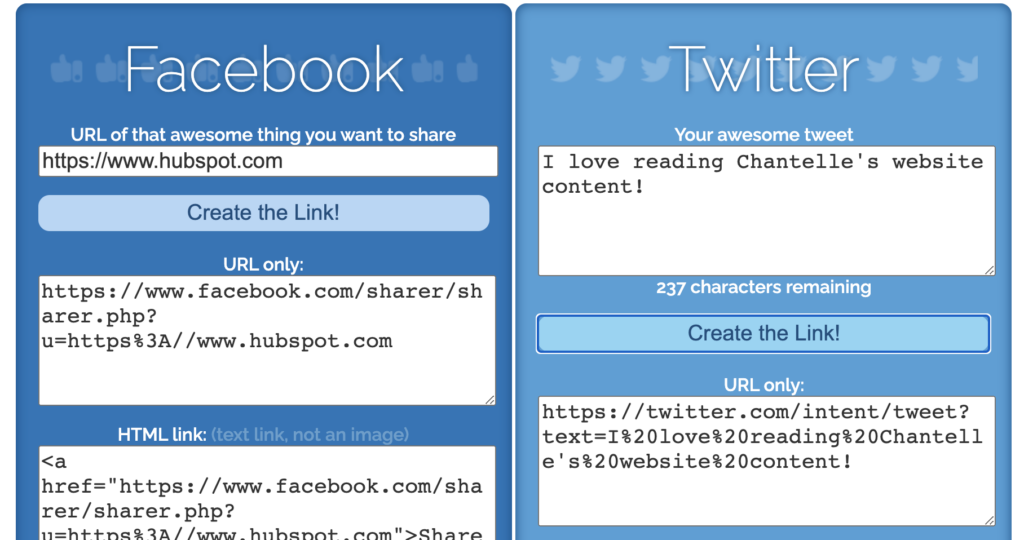 screenshot of share link generator website, which allows you to create links for people to share your content to any social media platform