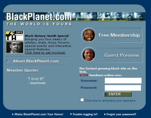 The old-school homepage of the BlackPlanet website, an early experiment in social media founded by Omar Wasow, now a professor at Princeton University.