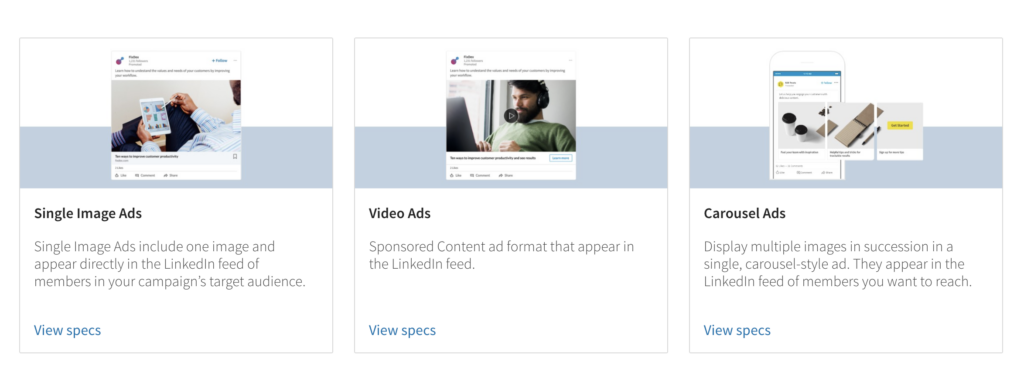 screenshot from LinkedIn Ads page showing different categories of LinkedIn paid ads, including single image ads, video ads and carousel ads, all ideal selections for digital B2B advertising.