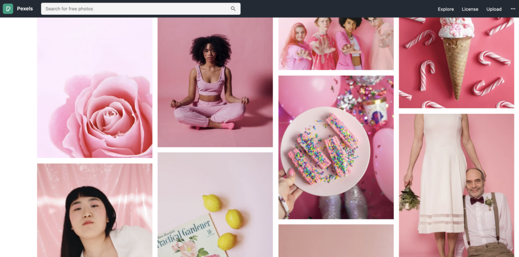 screenshot from pexels stock photography website featuring pictures with a pink color theme that display diverse people of different races and diverse images of food, flowers, and more